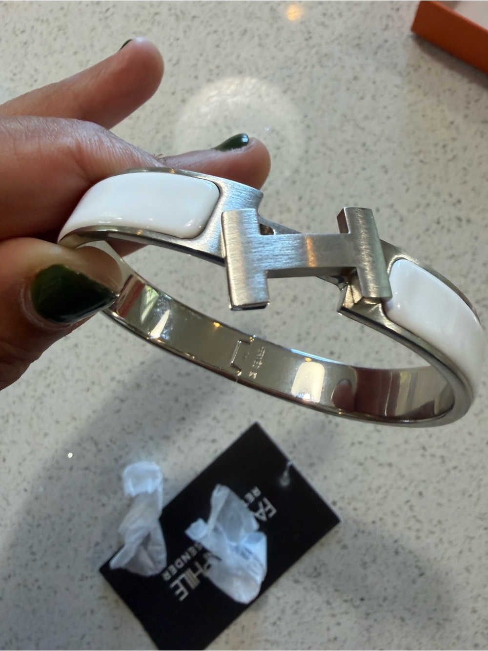 Hermes White Enamel Narrow Clock H Bracelet Brushed Silver Hardware